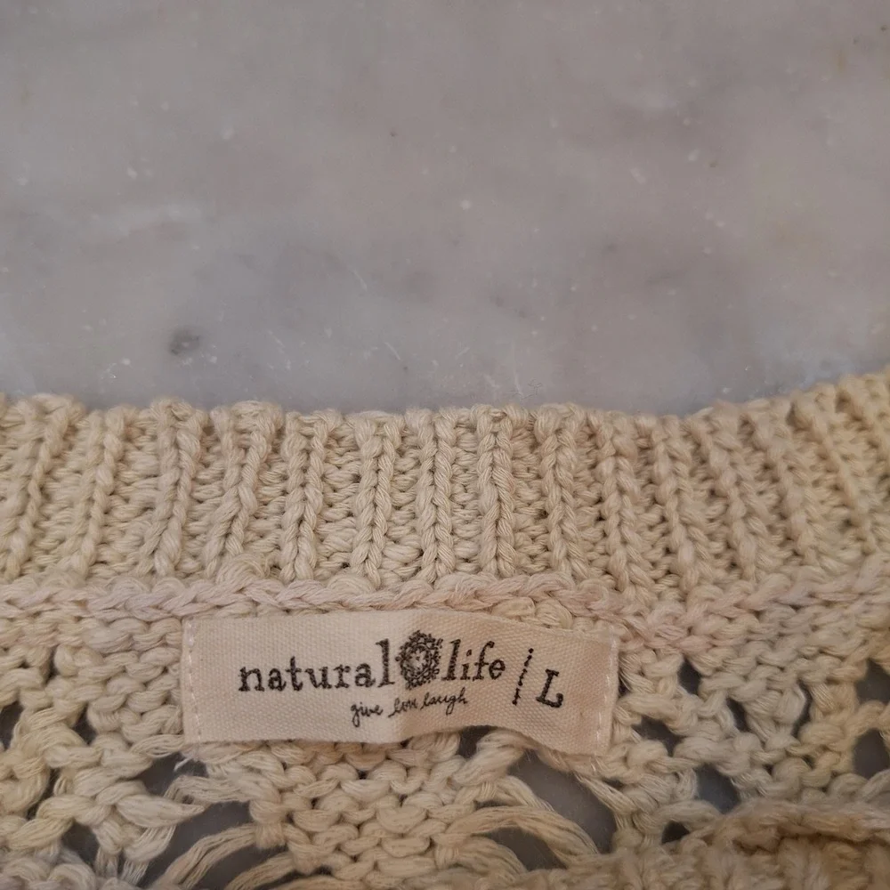 Natural Life Sweater Lg  Cream Open Knit Crochet Cropped Boho Pointelle Pullover